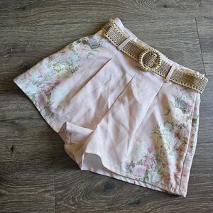 EB Luxe Los Angeles Cottagecore Floral Pink High Waist Shorts With Belt